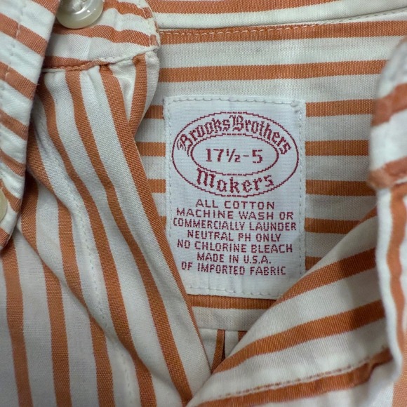 Brooks Brothers Striped Button Down Shirt Men 17.5-5 Orange White Long Sleeve - Picture 2 of 6